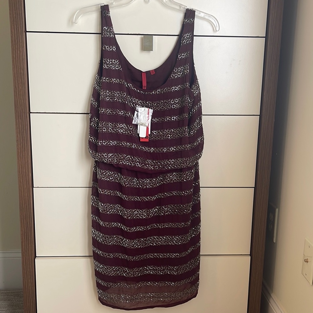 SAKS 548 Maroon Embellished Silver Stripe Sleeveless Scoop Neck Cocktail Dress
